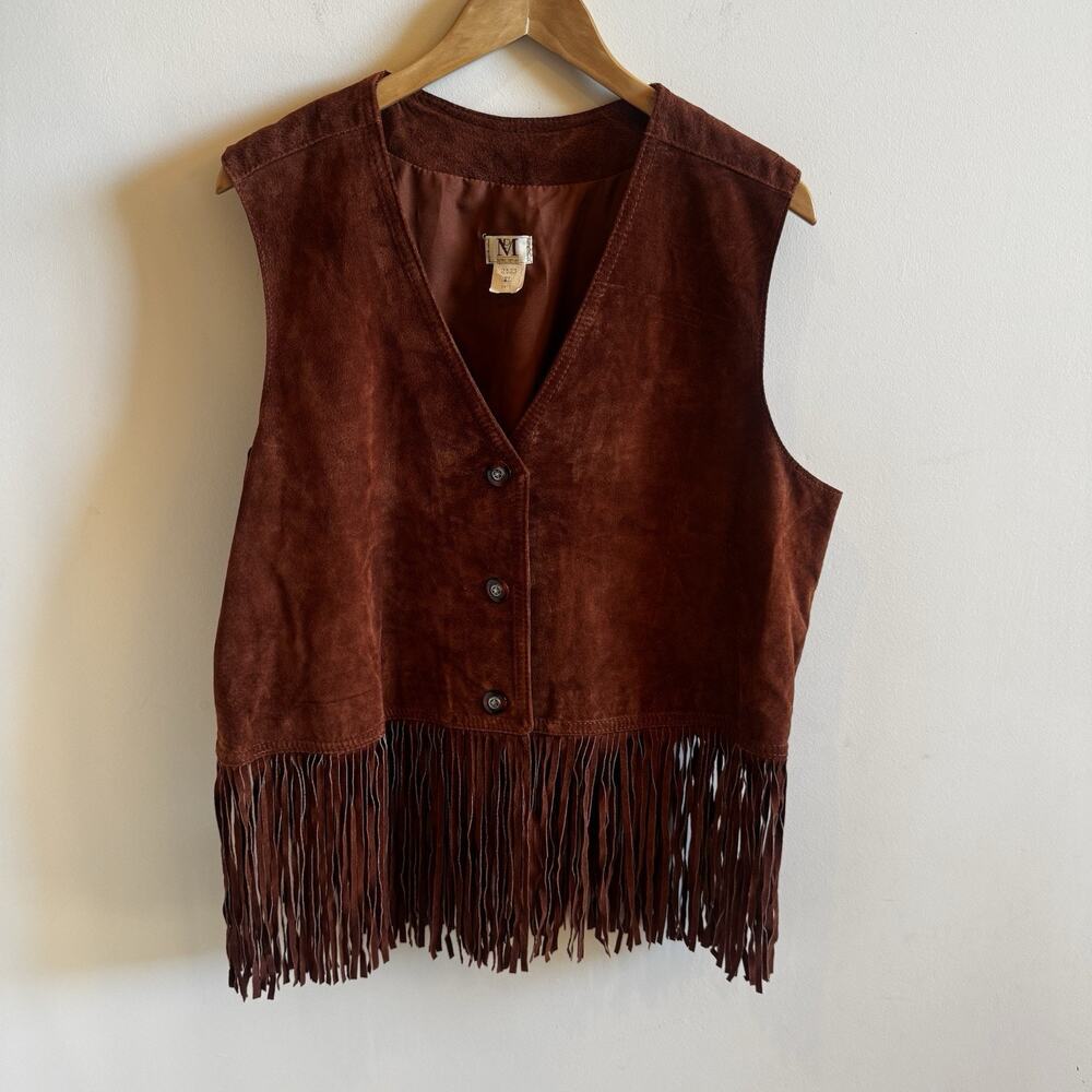 Leather Fringe Vintage Vest Womens XL 1975 Oklahoma Buttons Western Rodeo Hippie